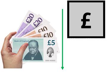 A grey square with a pound sign in it.  A hand holding some money and a green arrow pointing down.