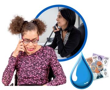 Two people talking to each other on the phone.  Beside them is a water drop and some money.