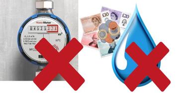 A water meter with a red cross beside it and some money and a drop of water with a red cross beside it.