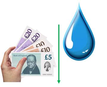 A hand holding some money with a green arrow pointing down beside a drop of water.