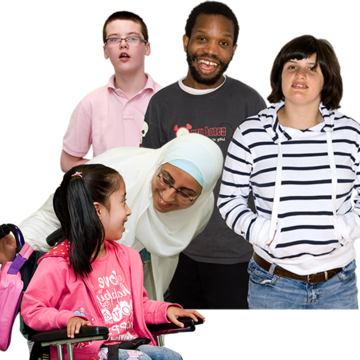 A group of teenagers and a younger child in a wheelchair with her mother