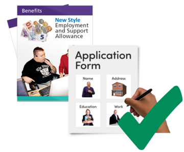 A green tick over a hand writing on an application form with a New Style ESA leaflet behind it