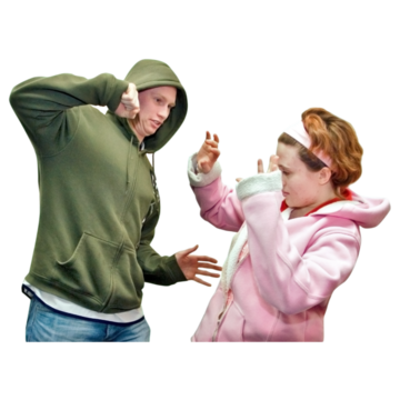 A man is about to hit a girl who has her hands in front of her face in terror