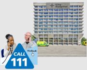A NHS111 telephone call between two people in front of a hospital building