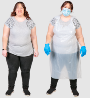 A photograph of a woman next to a photograph of the same woman wearing a face mask, gloves and an apron