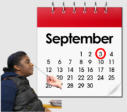 A person having a swab test with a calendar behind him showing one date which has a red circle around it