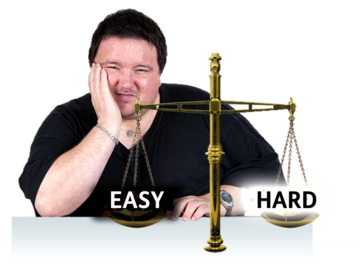 A man thinking behind a set of scales which have EASY and HARD written over each of its' weighing plates