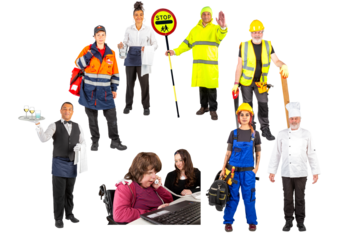 A group of people doing different kinds of jobs like a waiter, a lollypop man, an office worker, a chef and a postman