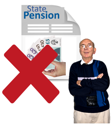 A picture of a man next to a state pension letter with a red cross over it