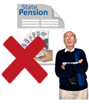A picture of a man next to a state pension letter with a red cross over it