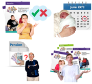 Four pictures including a woman thinking yes or no next to an ESA leaflet, a baby with a birthday marked on the calendar, a man next to a pension letter and a young man next to a lot of benefit leaflets