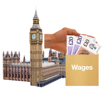 A wage slip with money in it is in front of the houses of paliament