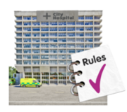 A hospital building next to a rule book