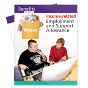 A leaflet called Income-related Employment and Support Allowance with a picture of a wage packet on it with money