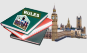 The houses of parliament next to a pile of rule books with a care home on the front cover