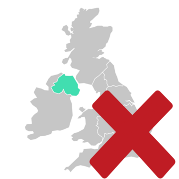 A map of the UK highlighting Northern Ireland in green with a red cross over it