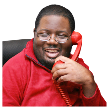 A man holding a red phone