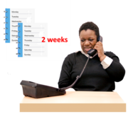 A woman at a desk is phoning someone. Next to her is a calendar showing 2 weeks