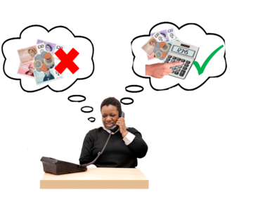 A woman is on the phone and above her are two thought clouds. One has a picture of money with a red cross through it and the other has a picture of money with a green tick next to it