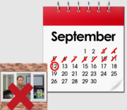 A calendar with 10 days marked off in red. The 10th day shows a woman self isolating in a room with a red cross over the picture