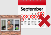 A woman self isolating at home in front of a calendar showing 10 days circled in red from the first day they took the lateral flow test. The 10 circled days have a red cross over them.