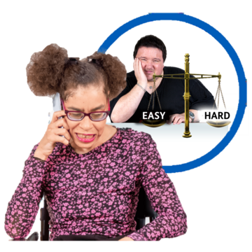 A woman is on the telephone. Next to her is a bubble with a man thinking next to a set of scales with the words hard and easy on its plates