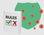 A green shield stopping the coronavirus germs next to a rule book