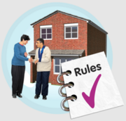 A picture of two people outside a house meeting and shaking hands with a rule handbook next to them
