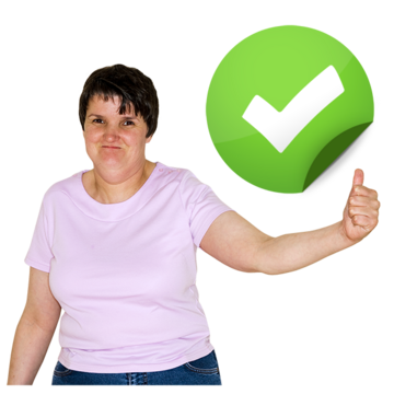 A woman smiling with her thumb up and a green circle with a tick next to her