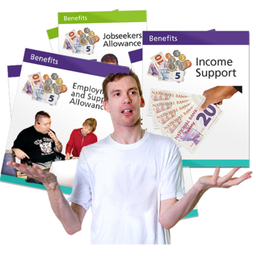 A man standing in front of leaflets about different benefits