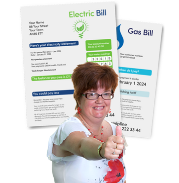 A woman smiling and holding her thumb up with Gas and Electricity bills behind her