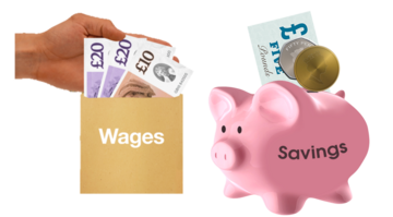 A wage packet with money in it next to a piggy bank with money in it