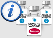 Three bottles of the covid vaccine beside an 'i' for information button
