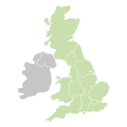 A map of the UK highlighting England, Scotland and Wales in green