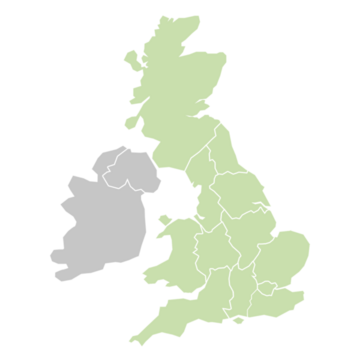 A map of the UK highlighting England, Scotland and Wales in green