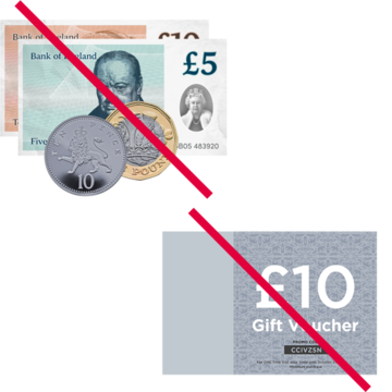 Images of a gift voucher and money with red lines through the,