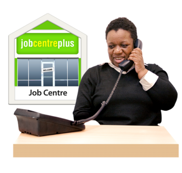 A woman at a desk is talking on the phone. Behind her is a picture of a Jobcentre Plus office