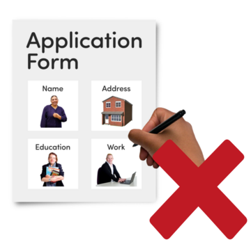 A hand with a  pen filling out an application form with a red cross over it