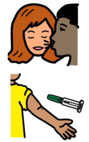 A drawing of two people kissing and a drawing of an arm and an injection needle