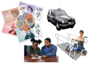 A pile of money next to a picture of a taxi, a ramp and someone being helped to write something at a desk