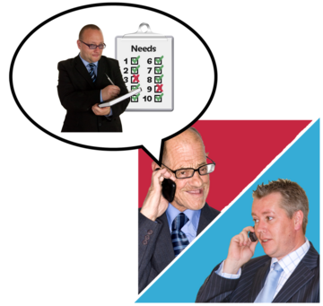 Two men talking to each other on their phones. Next to one man is a speech bubble with a man doing a needs assessment