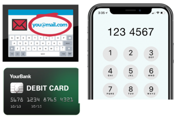 An email on a laptop screen, a bank card and a mobile phone screen