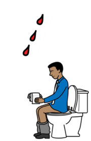 A drawing of drops of blood and a drawing of a man on the toilet