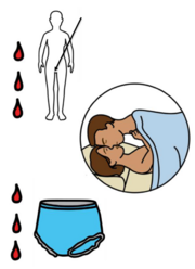 A drawing of the outline of a person with an arrow pointing to their lower private parts and drops of blood. Another drawing shows a couple kissing in bed together. Another drawing shows some blood with a pair of pants