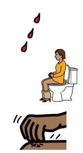 A drawing of drops of blood, a woman on the toilet and a hand itching some skin