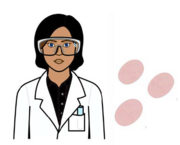 A drawing of someone in a white coat and goggles next to a drawing of three pink spots