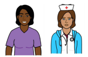 A drawing of a woman next to a nurse