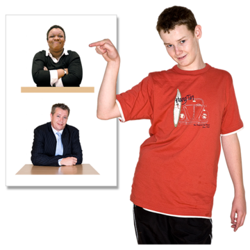 A young man is pointing to one of two people on a poster
