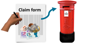 A hand holding a pen writing on a claim form next to an arrow pointing at a post box