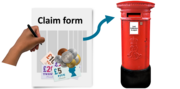 A hand holding a pen writing on a claim form next to an arrow pointing at a post box